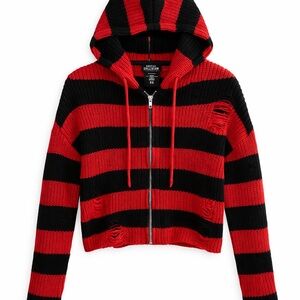 Hot Topic Social Collision Red & Black Striped Distressed Zip Hoodie XS